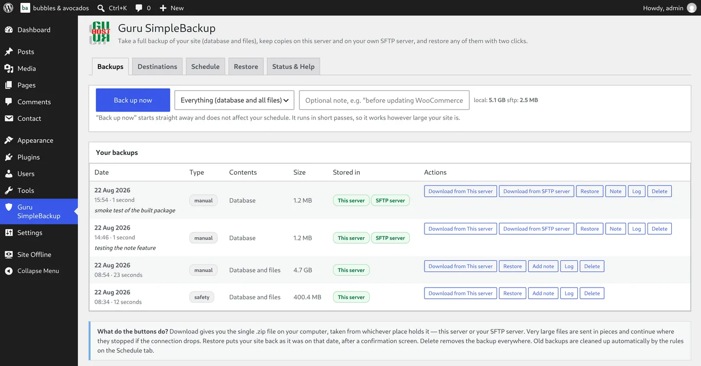 Guru SimpleBackup backups list, showing download, restore and log actions for each backup