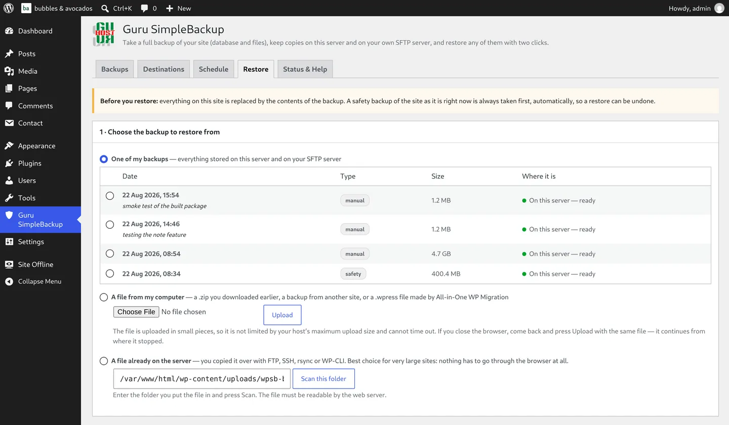Restoring from a backup, a browser upload, or a file already on the server